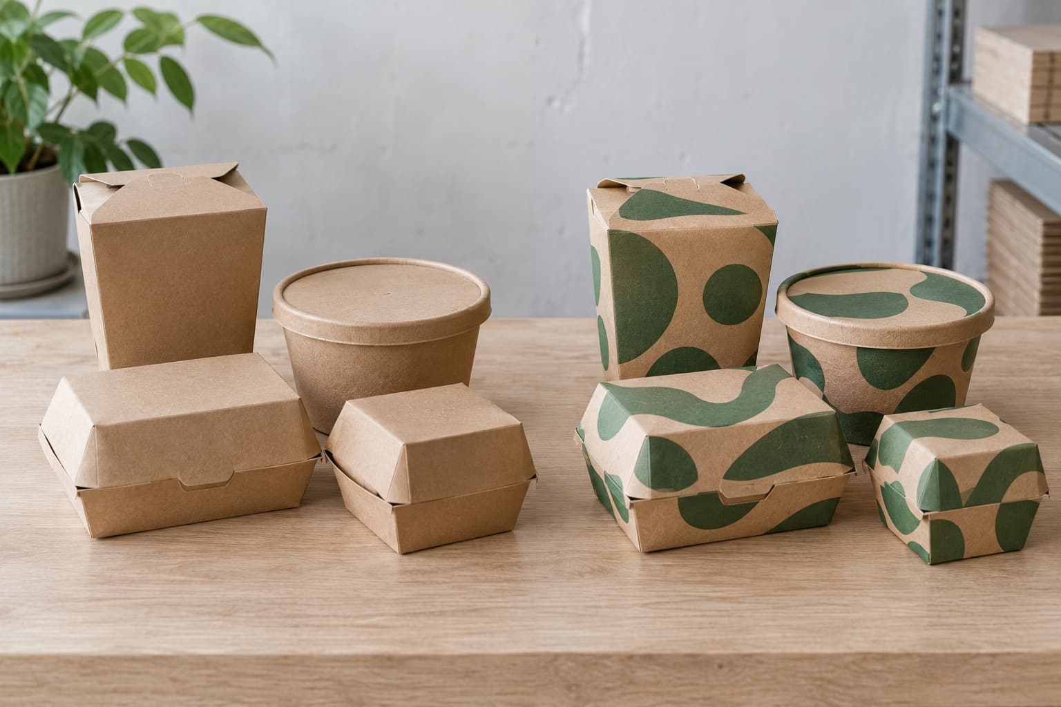 Plain and custom-printed takeaway containers side by side