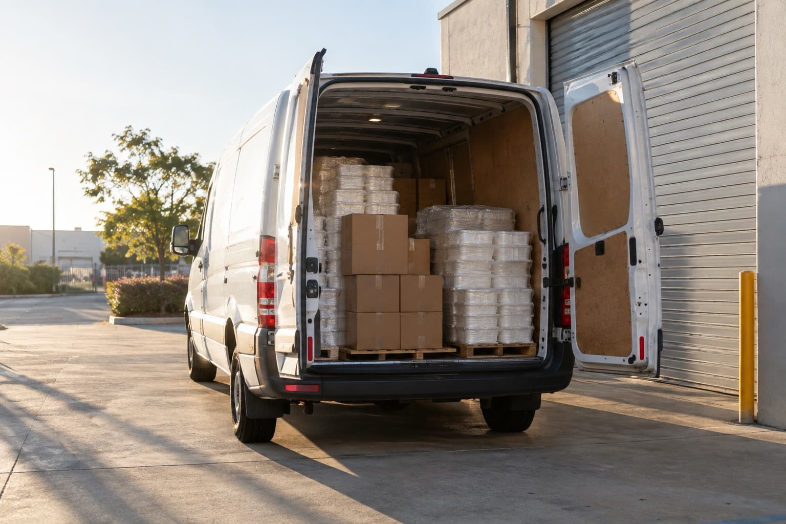 A delivery van being loaded with cartons outside a warehouse roller door