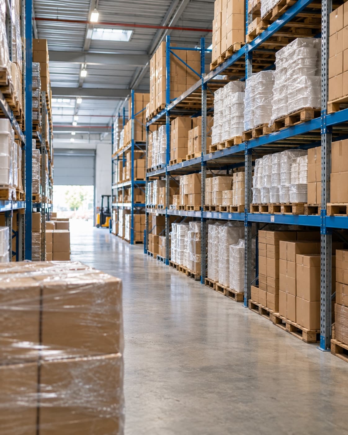 Cartons and stacked takeaway containers on racking inside the OZI warehouse
