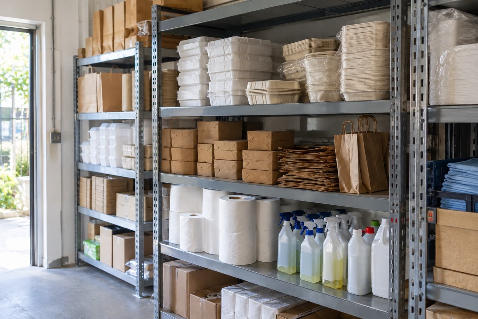 Packaging and disposables stocked on shelving in a small food shop