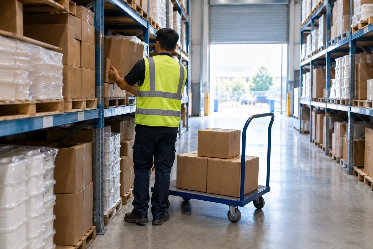 An order being picked from racking onto a trolley in the warehouse