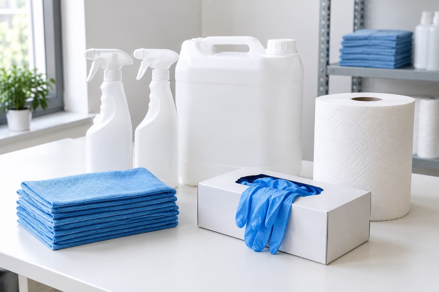 Cleaning and sanitising bottles beside rolls of hand towel and boxed gloves