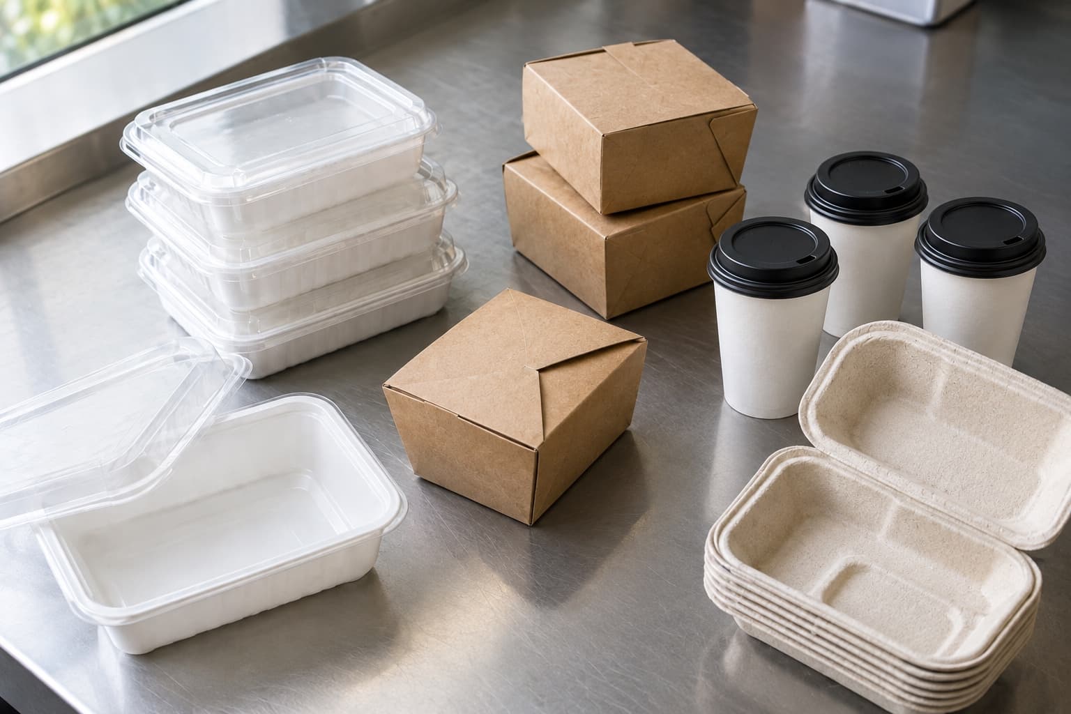 Takeaway containers, paper cups and snack boxes grouped on a bench