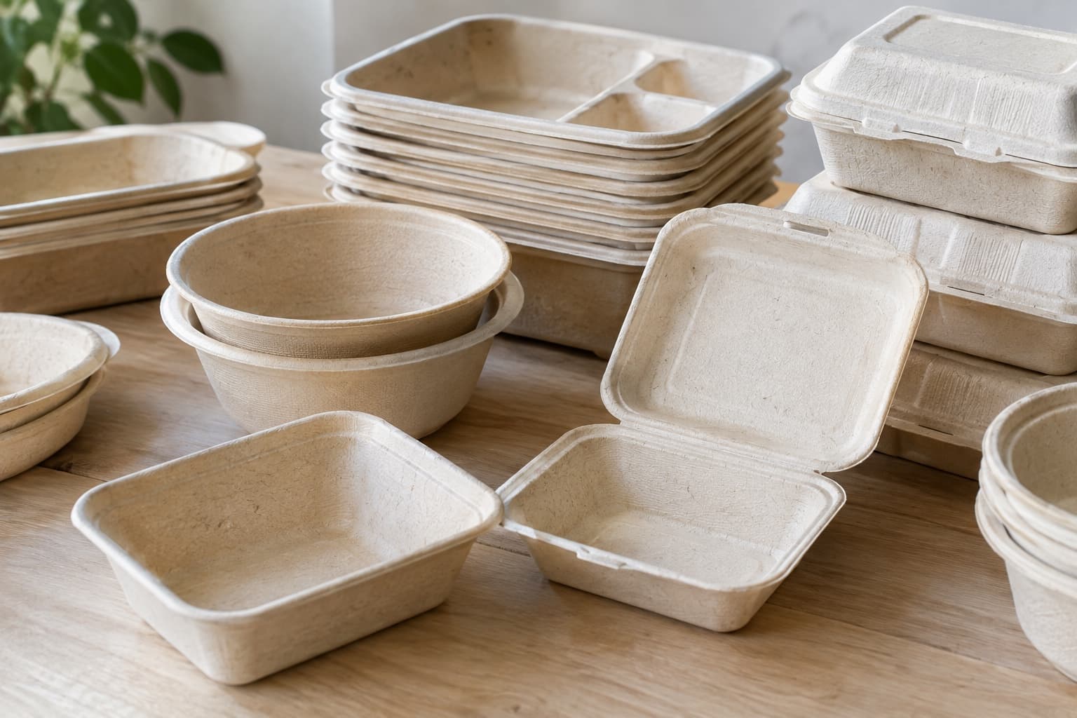 Moulded sugarcane fibre trays, bowls and clamshells stacked together