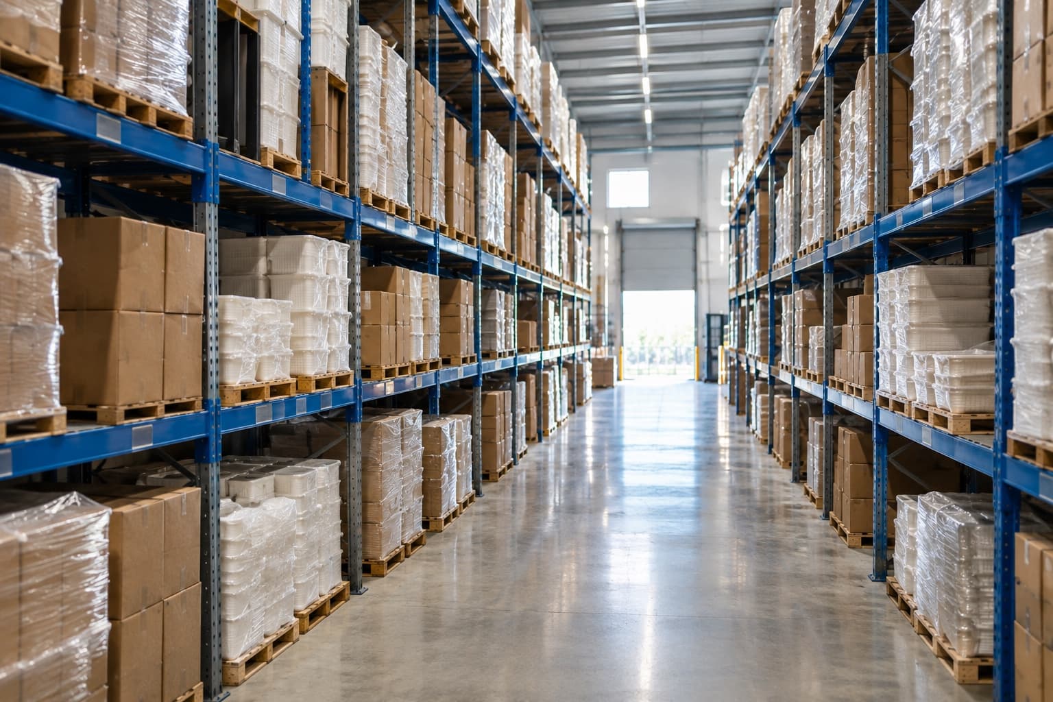A warehouse aisle with pallet racking stacked with cartons of packaging